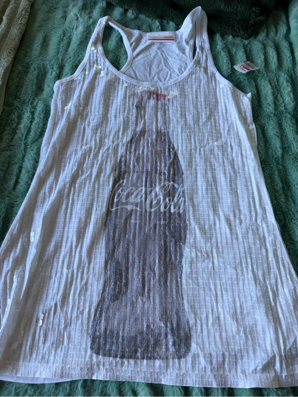 NWT Coca Cola Women's White Sequenced Graphic Tank Top